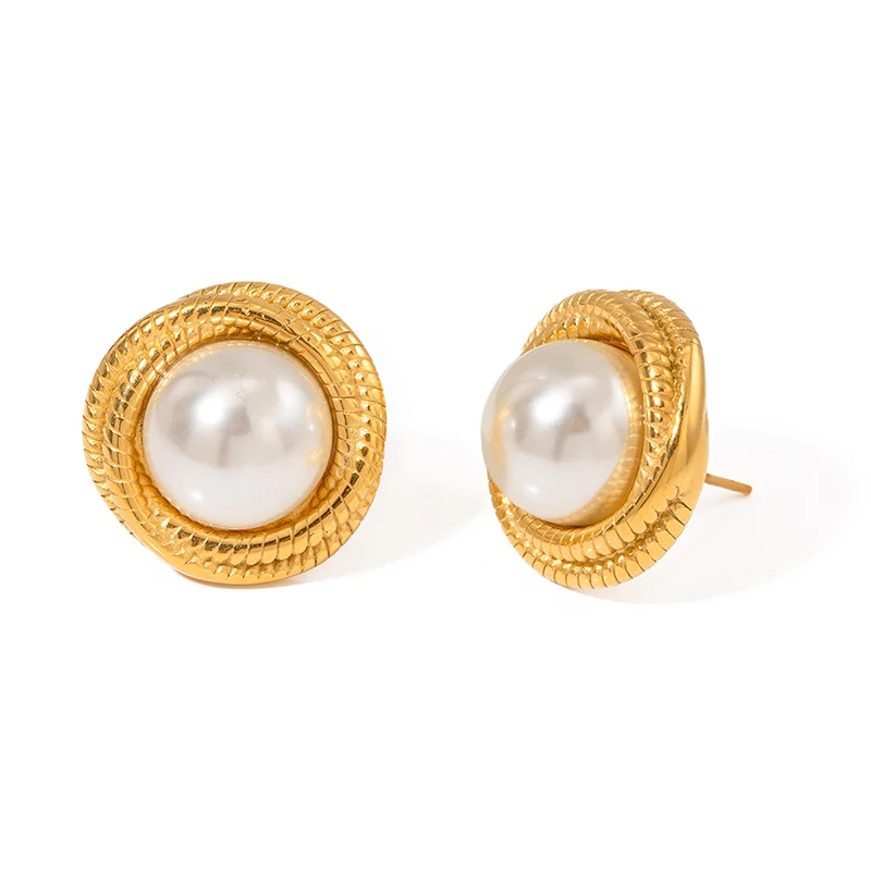 PRISCA |   Grote Parel Stud Earring Dames Roestvrij Staal Luxe Feest Bruiloft Sieraden 18k Goud Waterdicht Franse Stijl