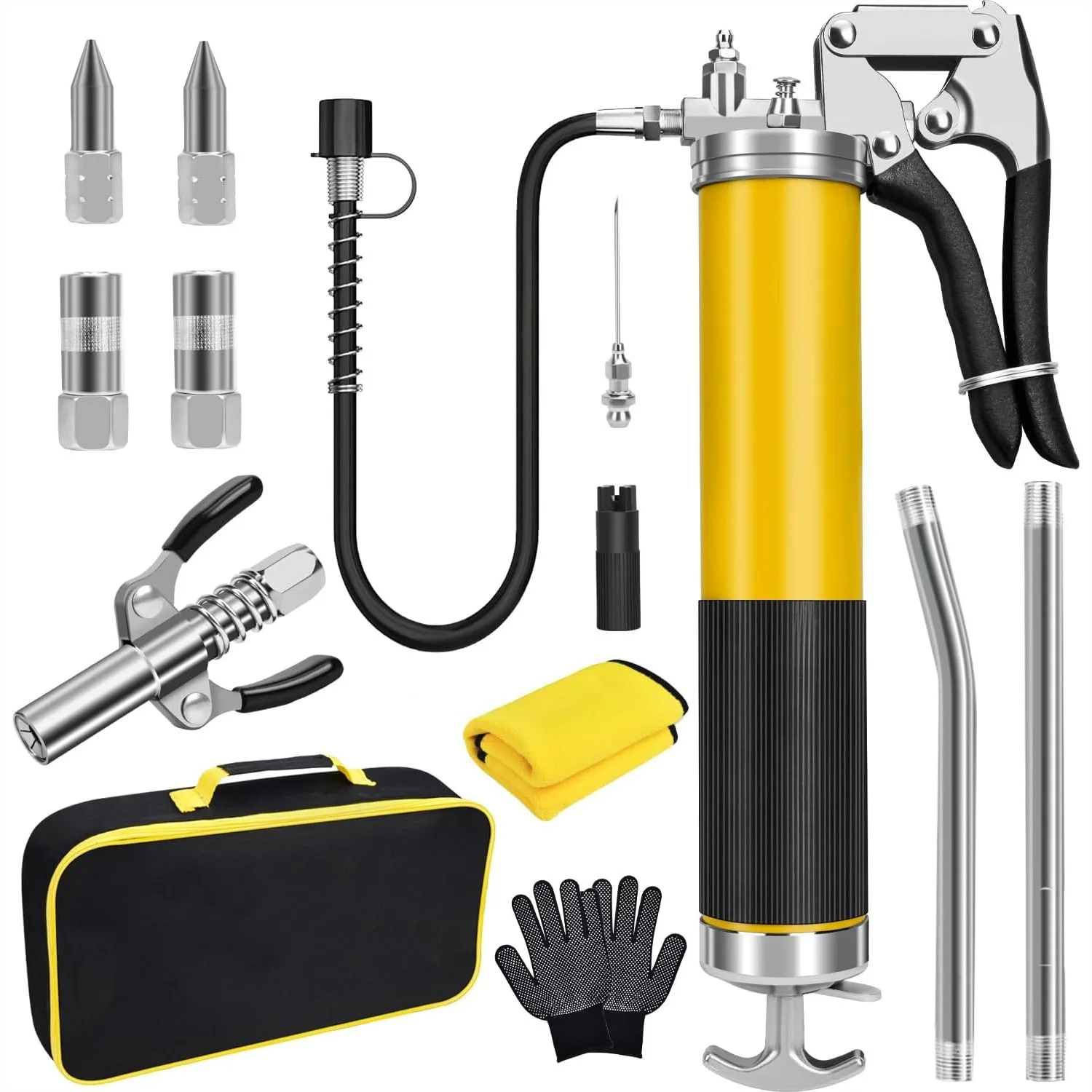 

Grease Gun Kit, 7000 PSI Heavy Duty Pistol Grip Grease Gun with 14 oz Capacity, Includes 18 Inch Resin Flex Hose, Double Handle