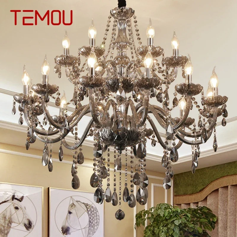 

TEMOU European Luxurious Crystal Pendent Lamp Smoke Grey Candle Lamp Living Room And bedroom Restaurant Hotel Villa Chandelier