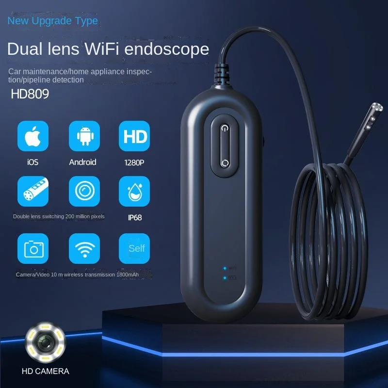 KLW 2022 New 4.9mm Dual Lens  Hard Wire HD Industrial Pipeline Auto Repair Air Conditioner Wifi IP68 Waterproof Endoscope Camara