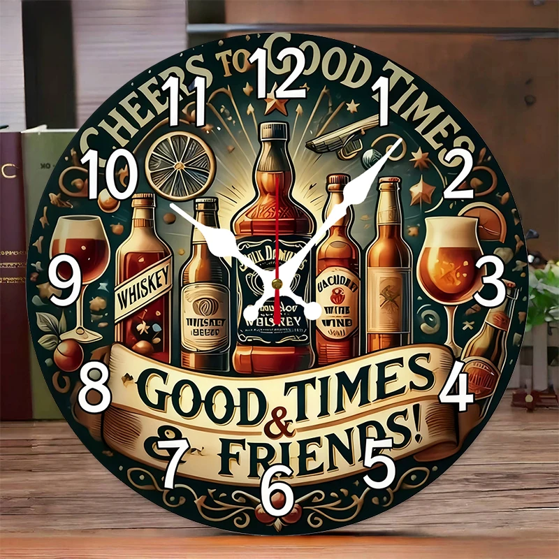 Reloj de pared colgante silencioso redondo de madera con cerveza y whisky, adecuado para sala de estar, oficina, sala de estudio, dormitorio, decoración del hogar