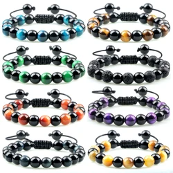 Fashion Blue Tiger Eye Stone Beaded Bracelets Men Natural Black Onyx Stone Adjustable Charm Bracelets Women Yoga Energy Jewelry