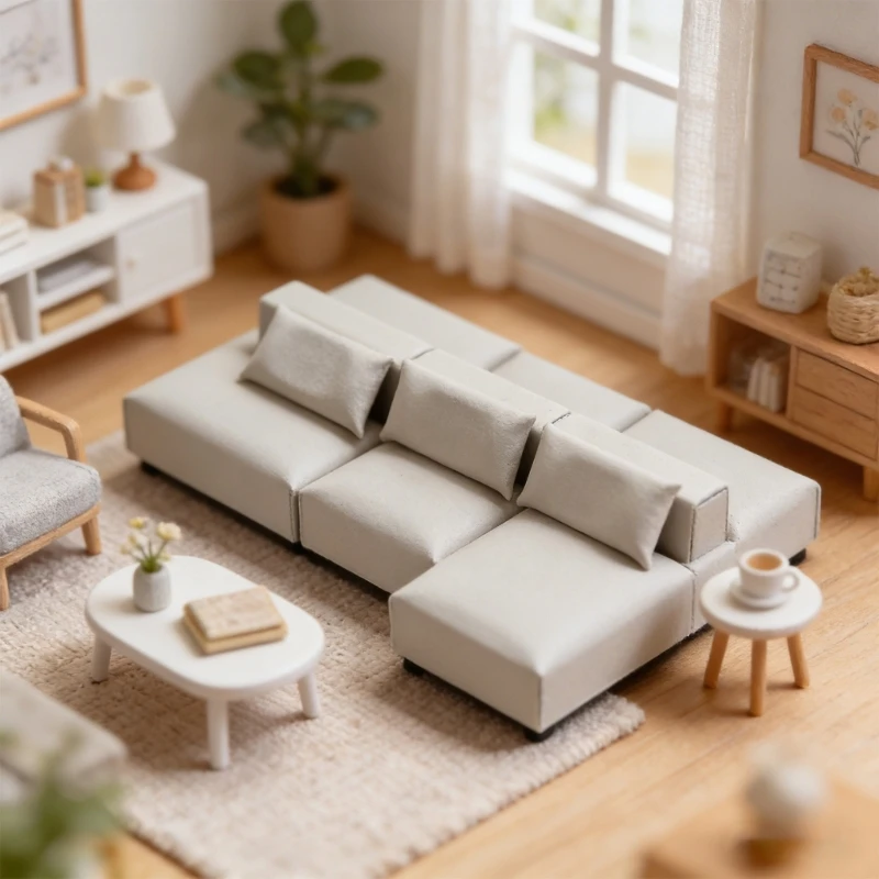 Simple Couch Mini Sofa Set Soft Fabric Dollhouses Furniture 1/20 Scale Leather Couch with Model Displays view 5