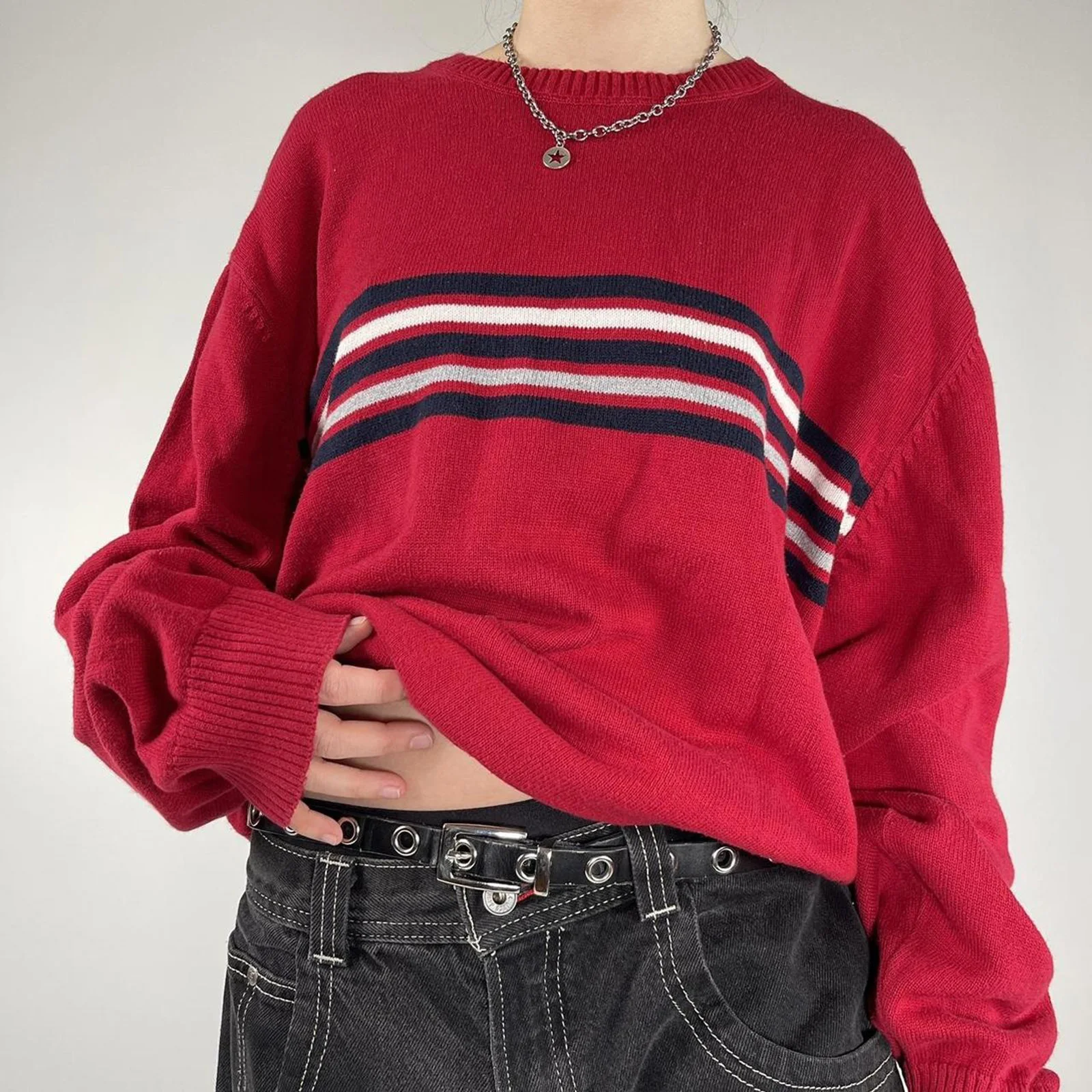 Coquette Grunge Y2K Sweaters for Women 2000s Vintage Long Sleeve Striped Print Aesthetic Kawaii Pullover Knitwear Tops Clothes