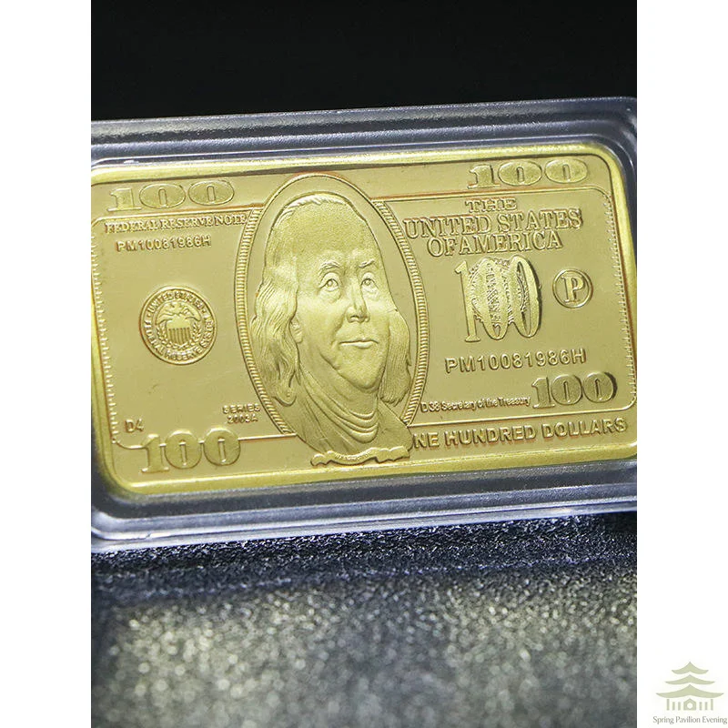 USA 100 Dollar Gold Tone Commemorative Souvenir Bar Metal Coin 1Pcs With Gift Box For Collection