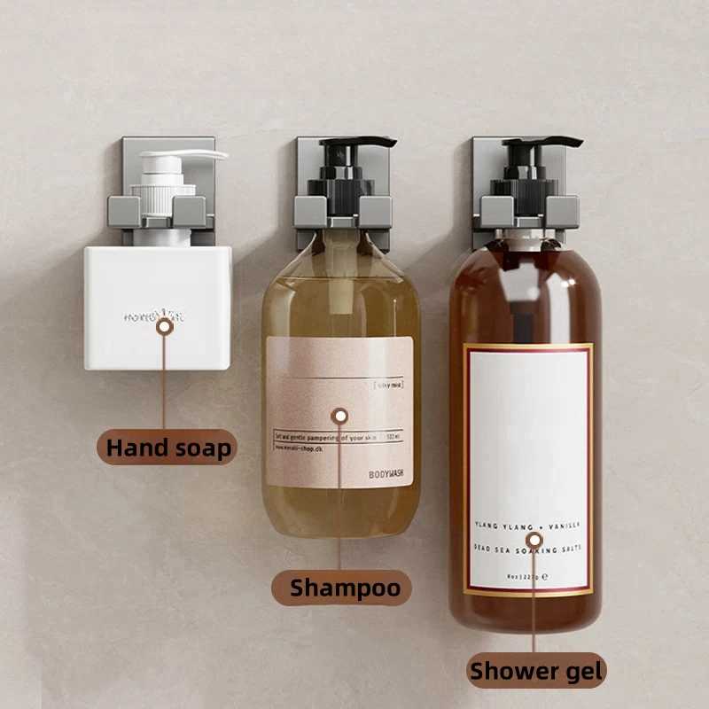 Metal Self-Adhesive Shampoo Bottle Shelf Free of Punch Shower Gel Liquid Bottle Holder Bathroom Shelf Organizer Hook Shelves