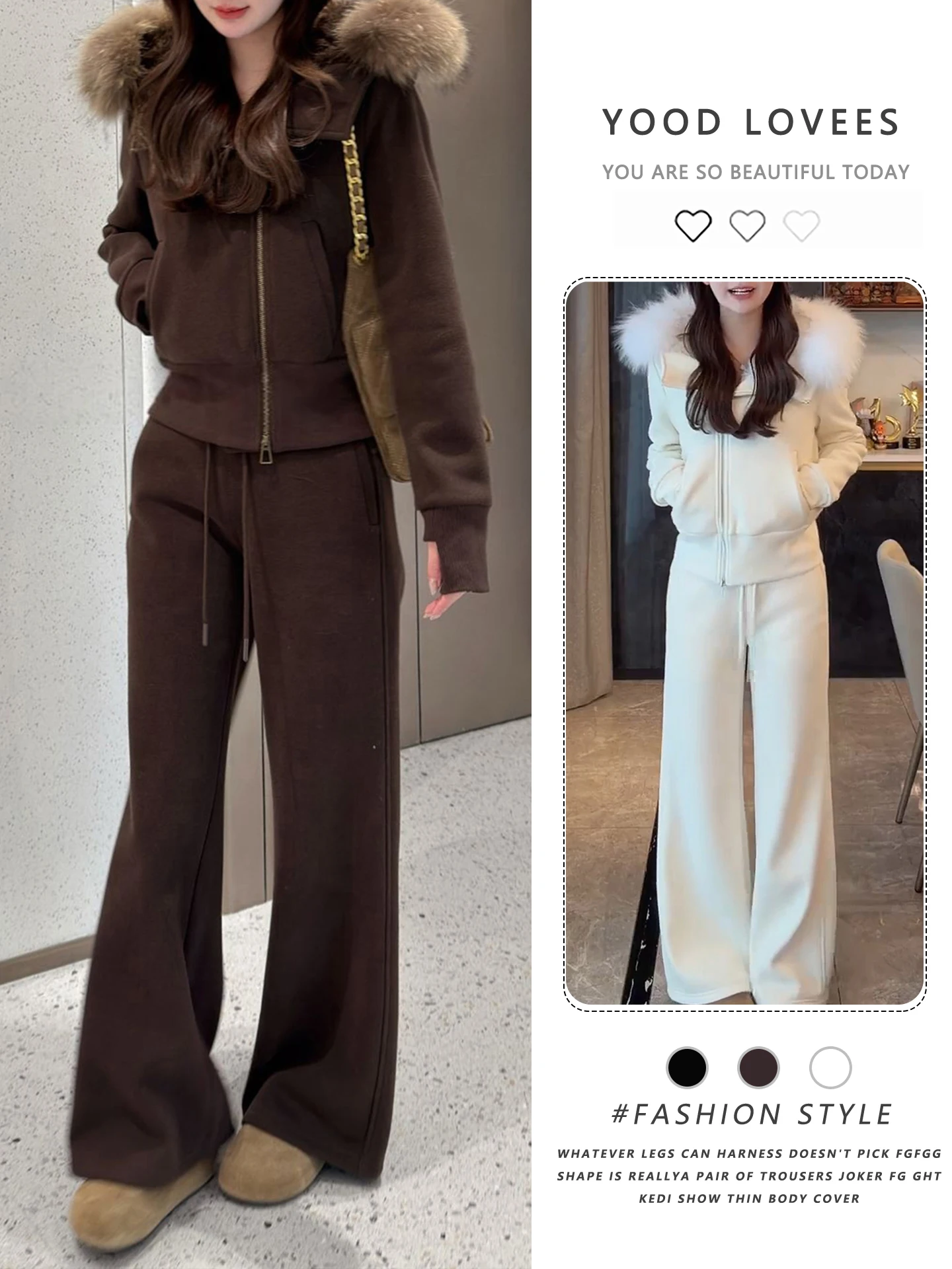 

Slimming Lazy Feelings Women's Winter Fashion Set with Large Fur Collar Long Sleeve Sweatshirt Wide Leg Sweatpants Two Piece Set