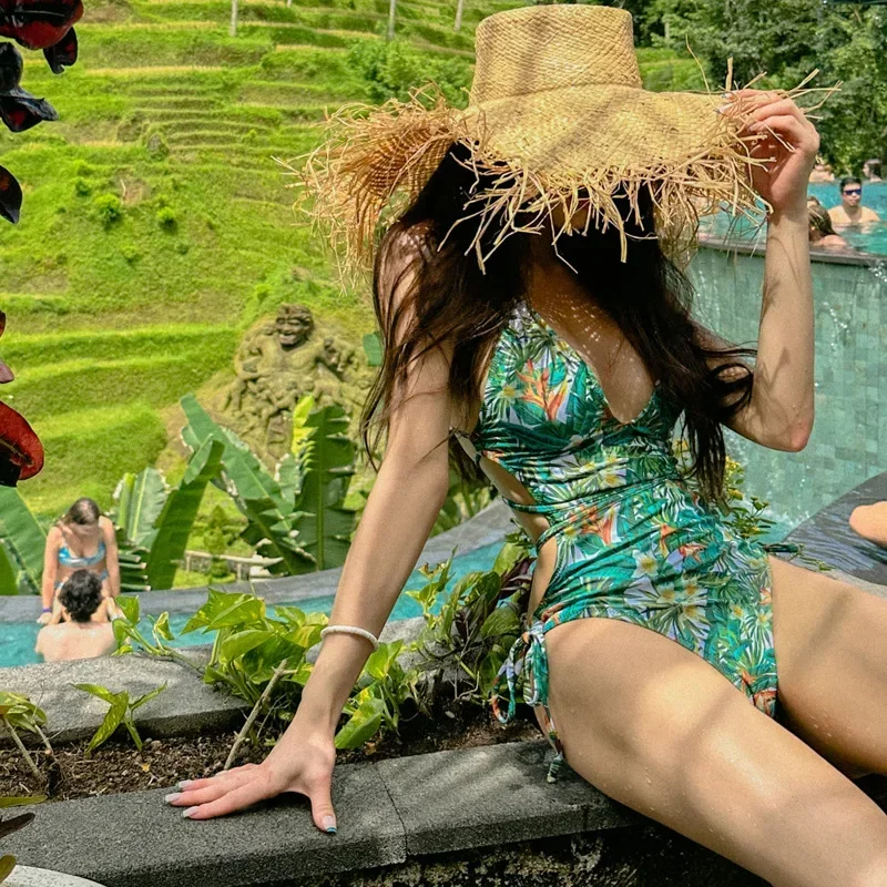 2025 Green Print One Piece Swimsuit Women Swimwear Deep V Monokini Bodysuit Backless Bathing Suit Beach Wear High Cut Swim Suit image 4