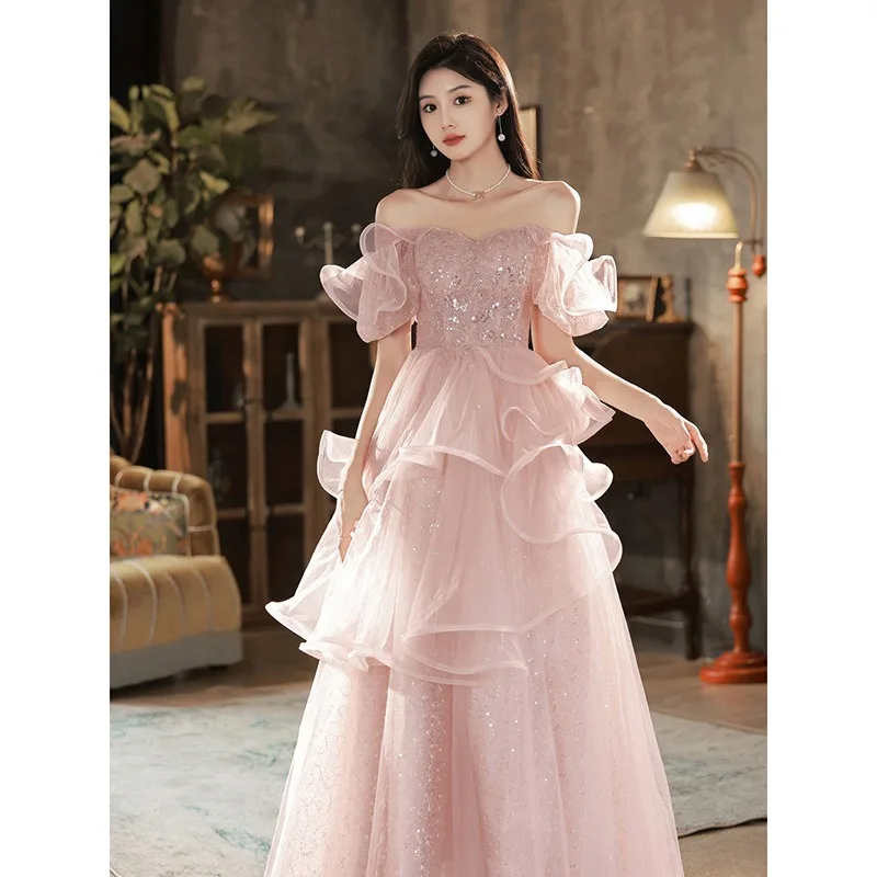 

Women's Mesh Sequin One Shoulder Multi-layer Evening Dress Fashionable Slimming Sweet Hosting Art Exam Super Fairy Pink Dress