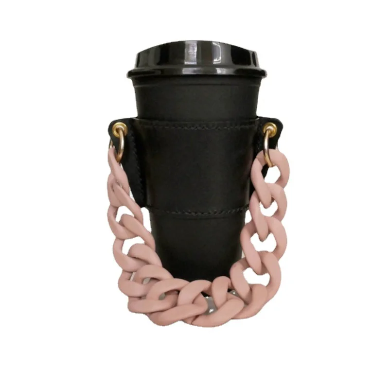 Fashion Chain Coffee Cup Holder PU Leather Portable Glass   Milk Tea   Detachable Outer Packaging  Case