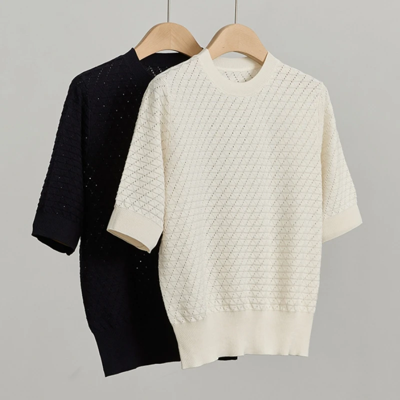 Birdsky, 1PC Women sweater pullover top tee  70% real mulberry silk 30% cotton White Navy. S-1051
