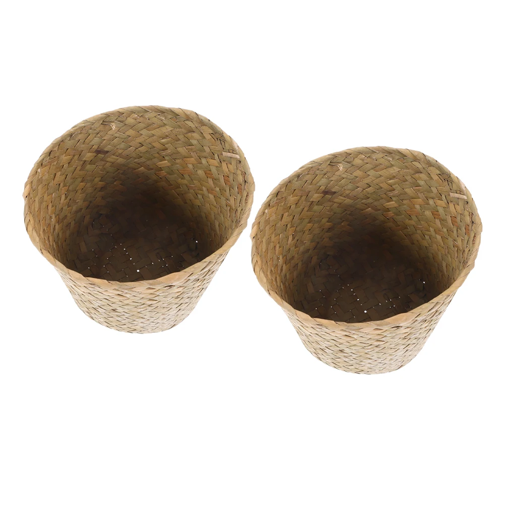

2Pcs Straw Woven Storage Basket Compact Trash Can Waste Basket for Bedroom Bathroom Office Desktop Sundries Organizer