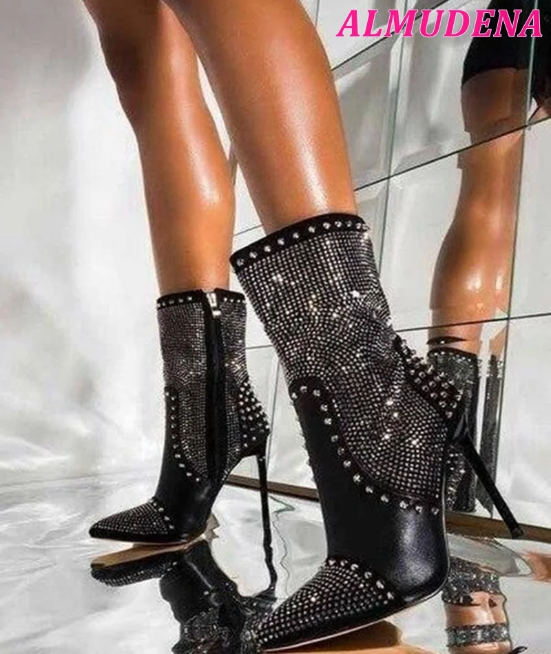 

Black Spike Leather Ankle Boots Women Crystal Pointed Toe High Heels Studded Booties Luxury Designer Big Size Party Shoes