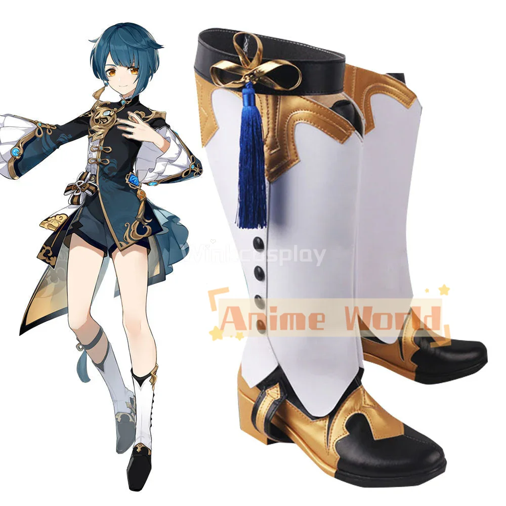 Genshin Impact Xingqiu scarpe bianche nere stivali Cosplay stivali di carnevale di Halloween su misura