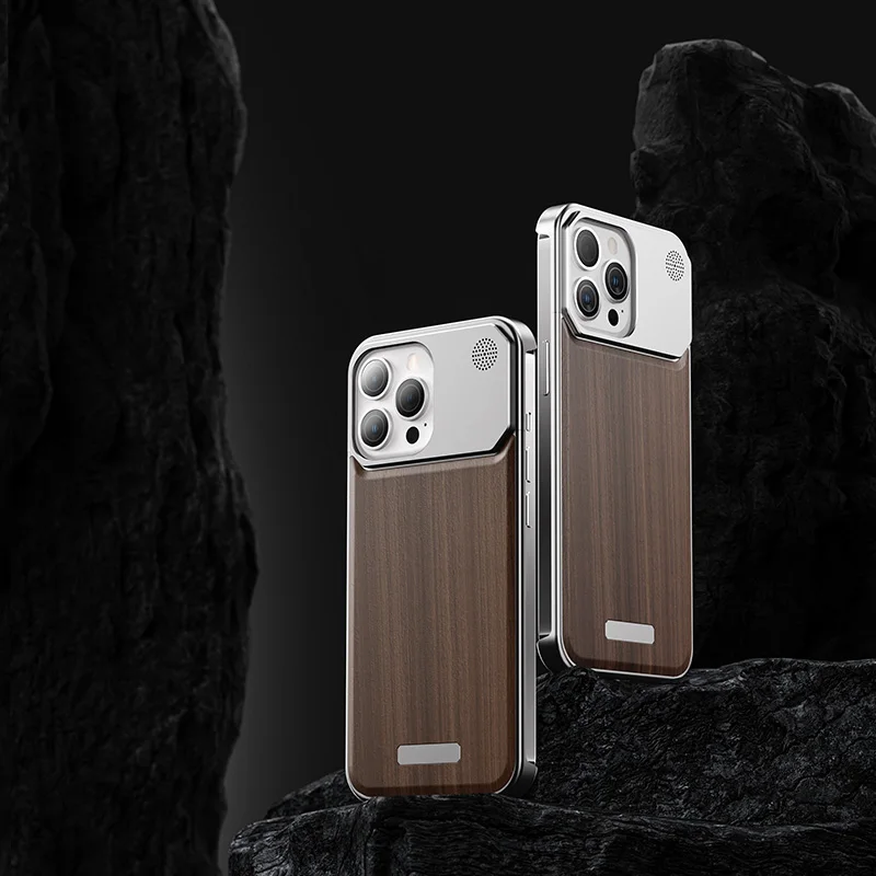 Luxury Metal Wooden Phone Case For iPhone 15 14 13 Pro Max Borderless Cooling Aromatic Phone Shell Walnut Wood Metal Back Cover