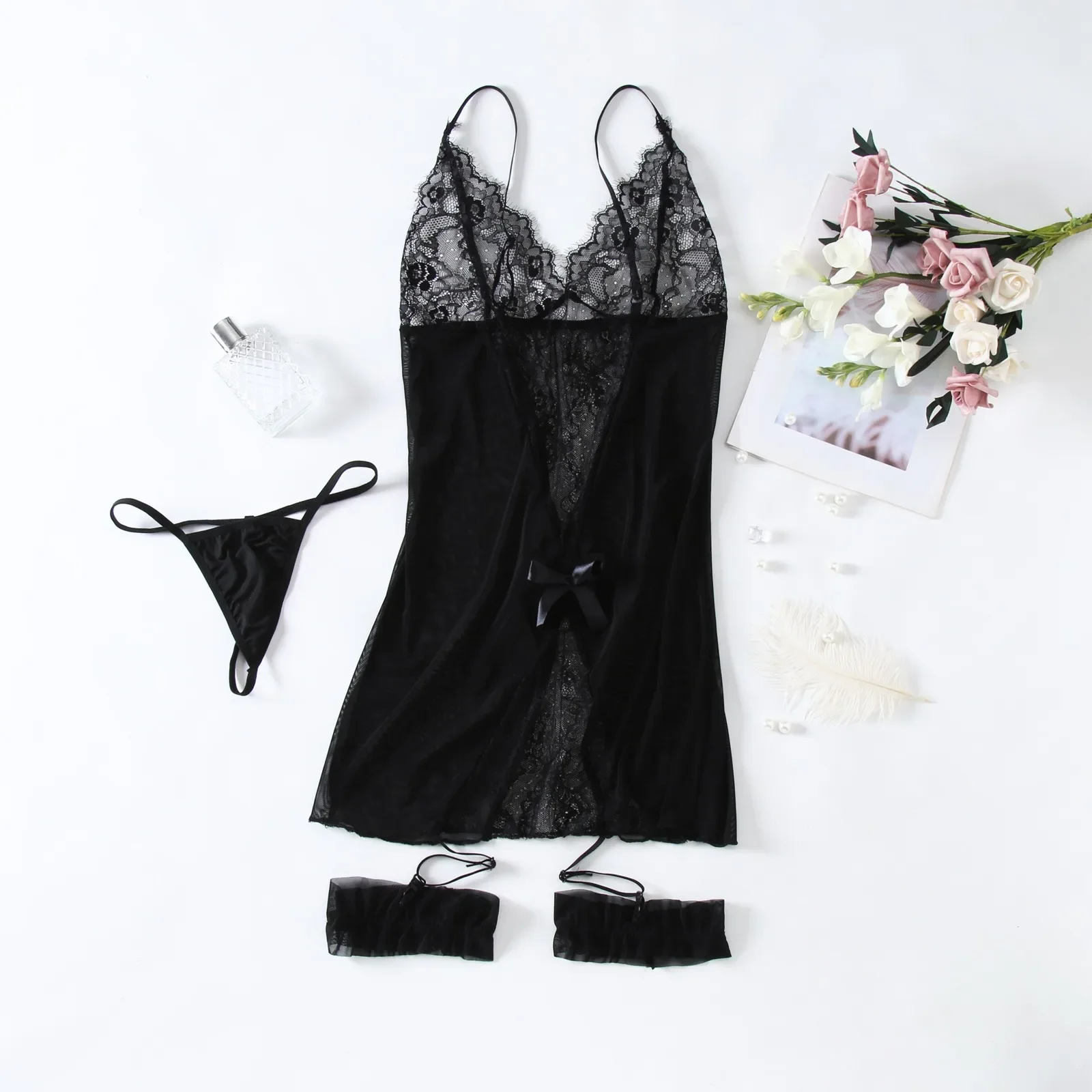 hot Sexy underwear Women Temptation Thin Dress With thong Garters Sets See Through Lingerie Set Lace nightgown Babydolls pajamas