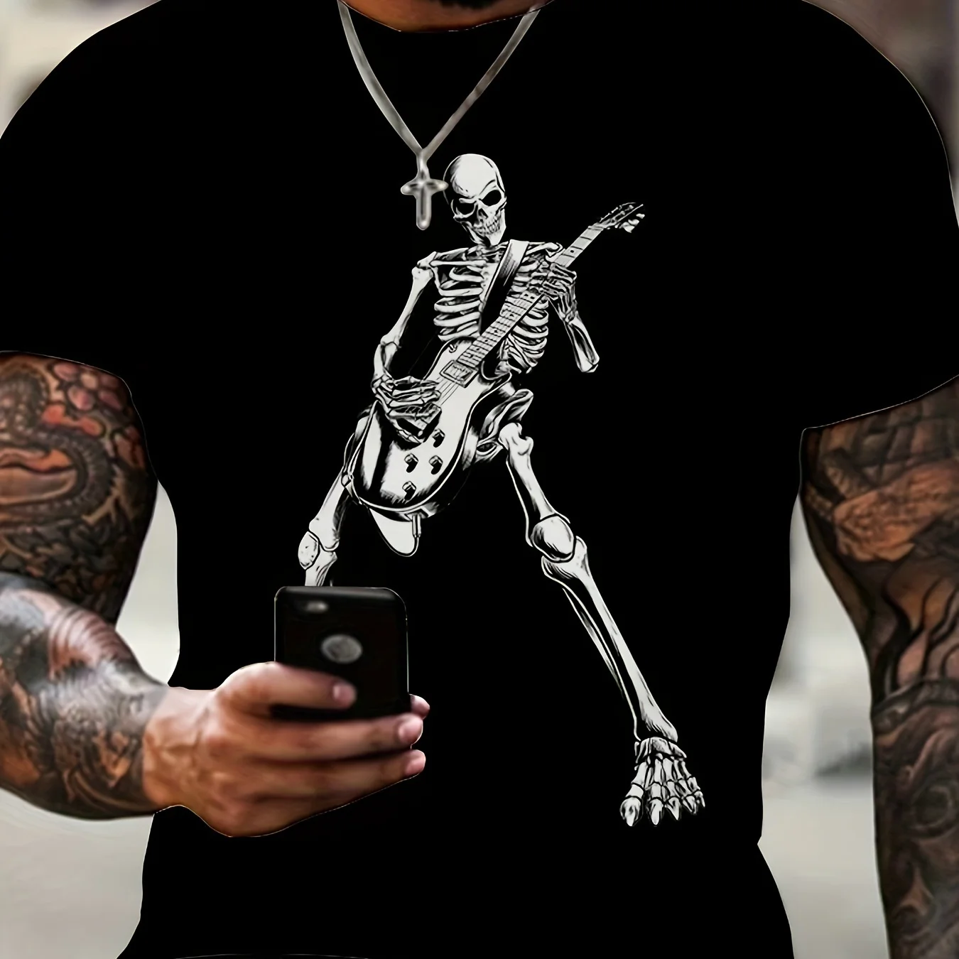 Men Clothing  Guitar Skull Graphic Tees For Male,  Causal T-shirts For Summer Fitness Leisurewear,