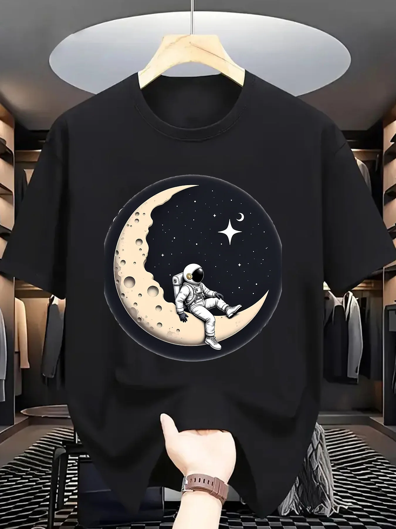 Space Theme Men Short Sleeve Tshirt Astronaut Resting On Moon Starry Night Print O Neck Tee Cosmic Art Male Casual Fashion Tops