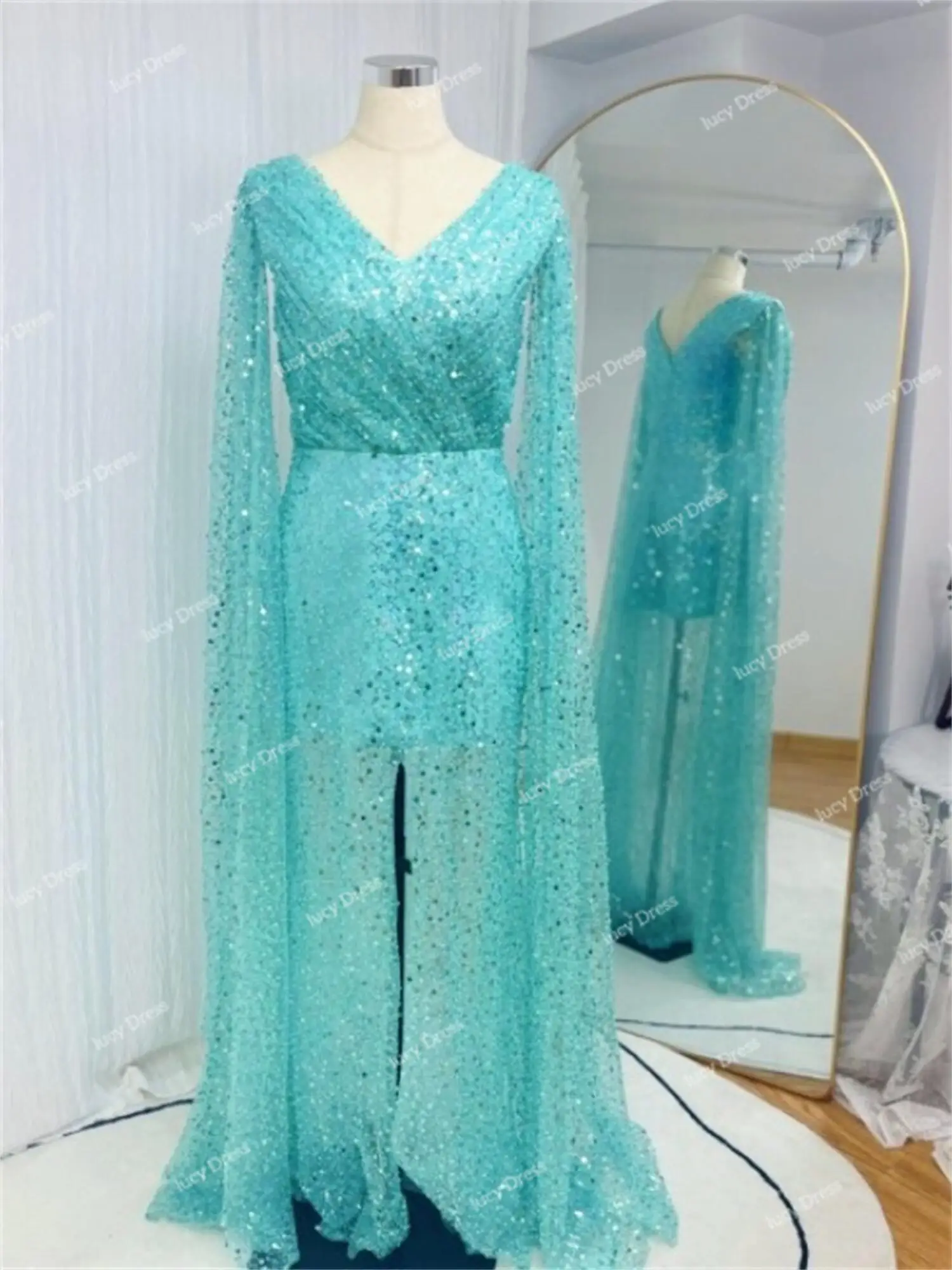 Mint Green Elegant Evening Dresses for Women Mermaid Quinceanera Shawl Luxury Dress Shiny Arabic Customized Prom Gala Formal New