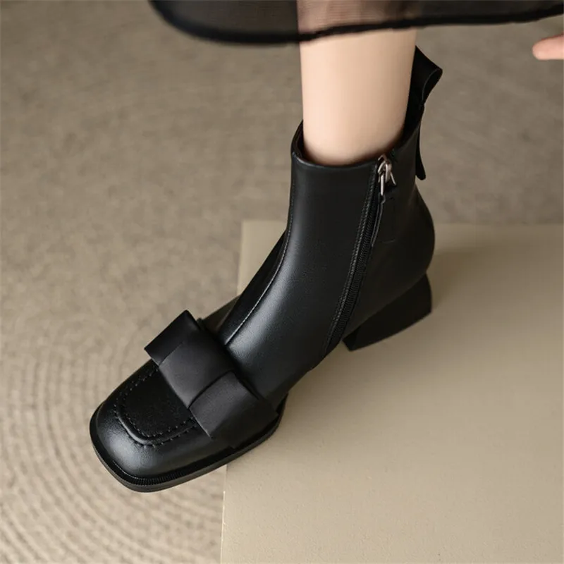 New Winter Cow Leather Women Boots Square Toe Chunky Heels Boots for Women Fashion Bow Short Boots Ladies Shoes Zapatos De Mujer