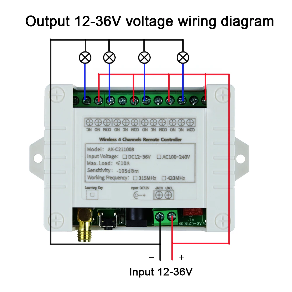 DC 12-36V  AC 100-240V 4CH Wireless Remote Control LED Light Switch 10A Relay RF Waterproof Transmitter Receiver 2M Antennae