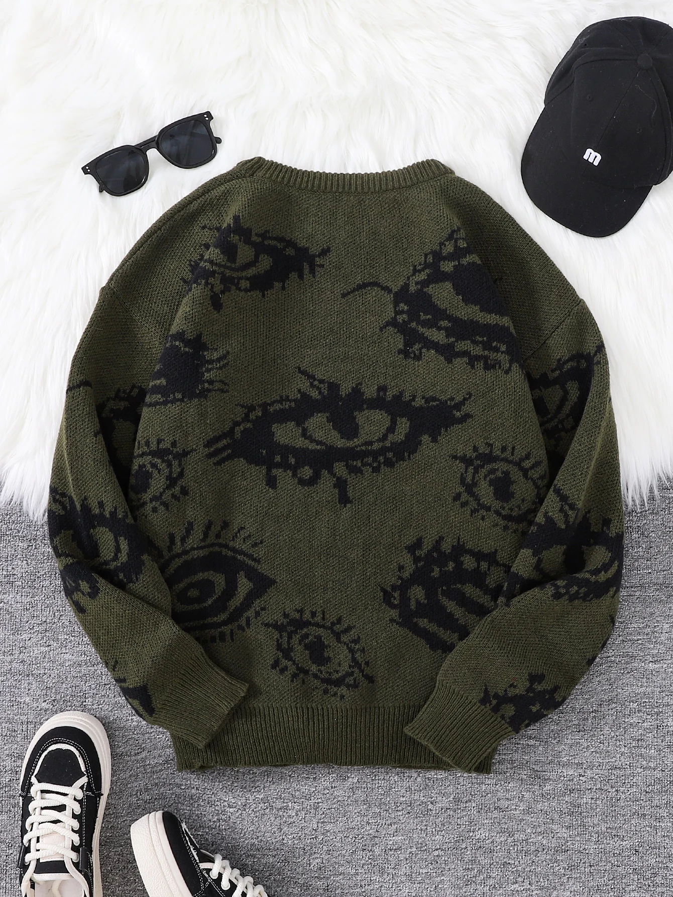 New Trendy Autumn and Winter Abstract Eye Jacquard Pattern Pullover Sweater Casual Round Neck Knitted Men's Pullover