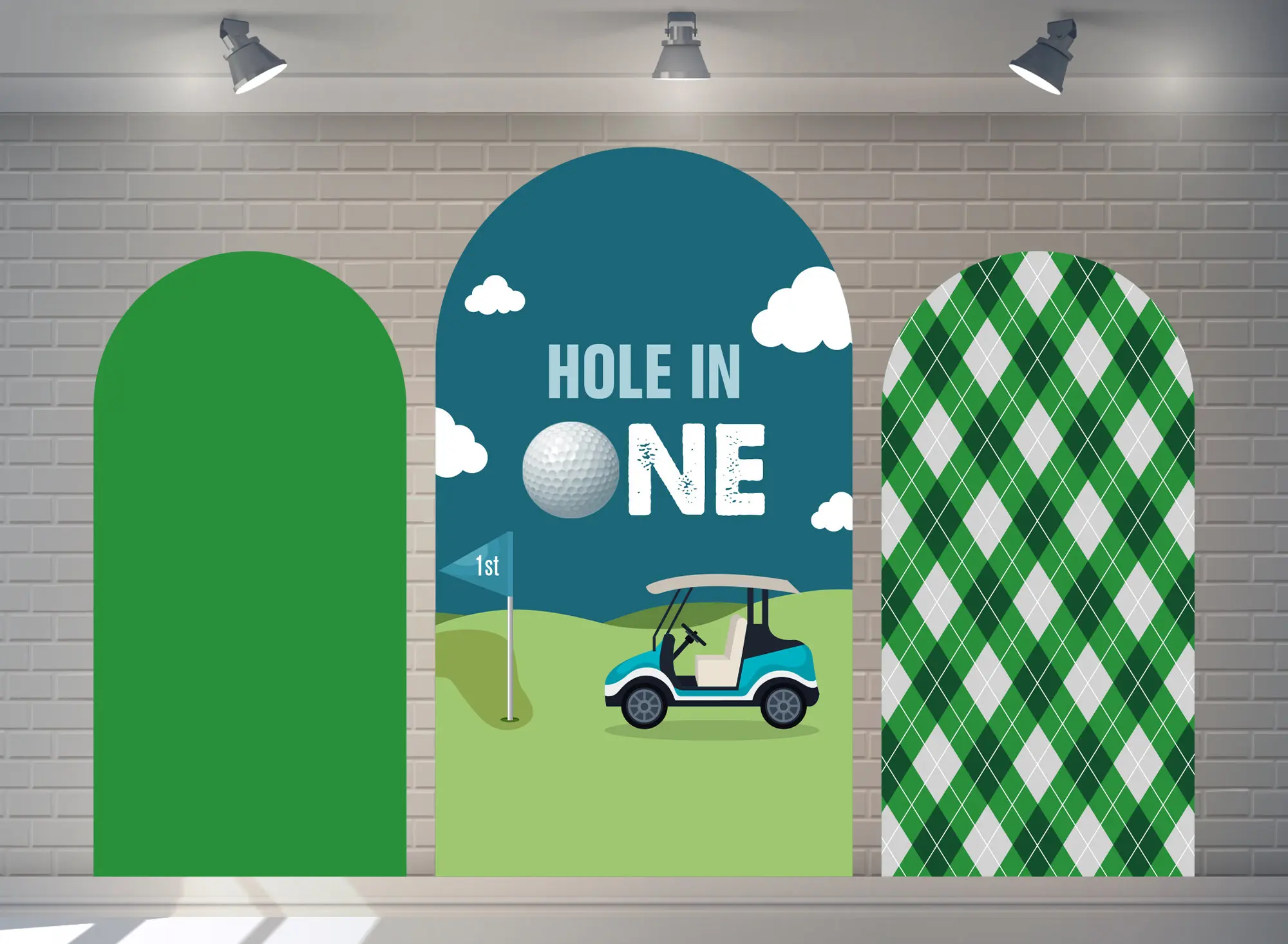 

Golf Theme Hole In One Arched Background Board Golf Cart Green Grass Rhombus Pattern Boy Birthday Party Scene Decoration Props