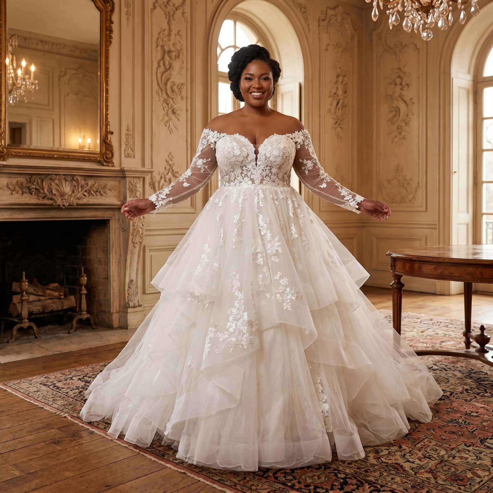 

Plus Size Off Shoulder Long Sleeve Lace Wedding Dress Tiered Tulle Ball Gown Bridal Dress for Women 2025