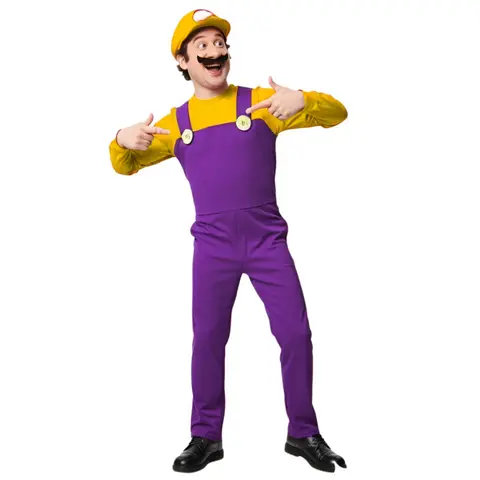 Mens Halloween Plumber Costume with Fake Beard Hat Gloves Adult Cosplay Jumpsuit Party Outfit Red, Yellow, Purple Plumber
