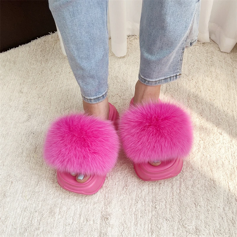 PVC Real Raccoon Fur Slides para mulheres e meninas, chinelos de pele de pelúcia marrom tamanho grande, luxo