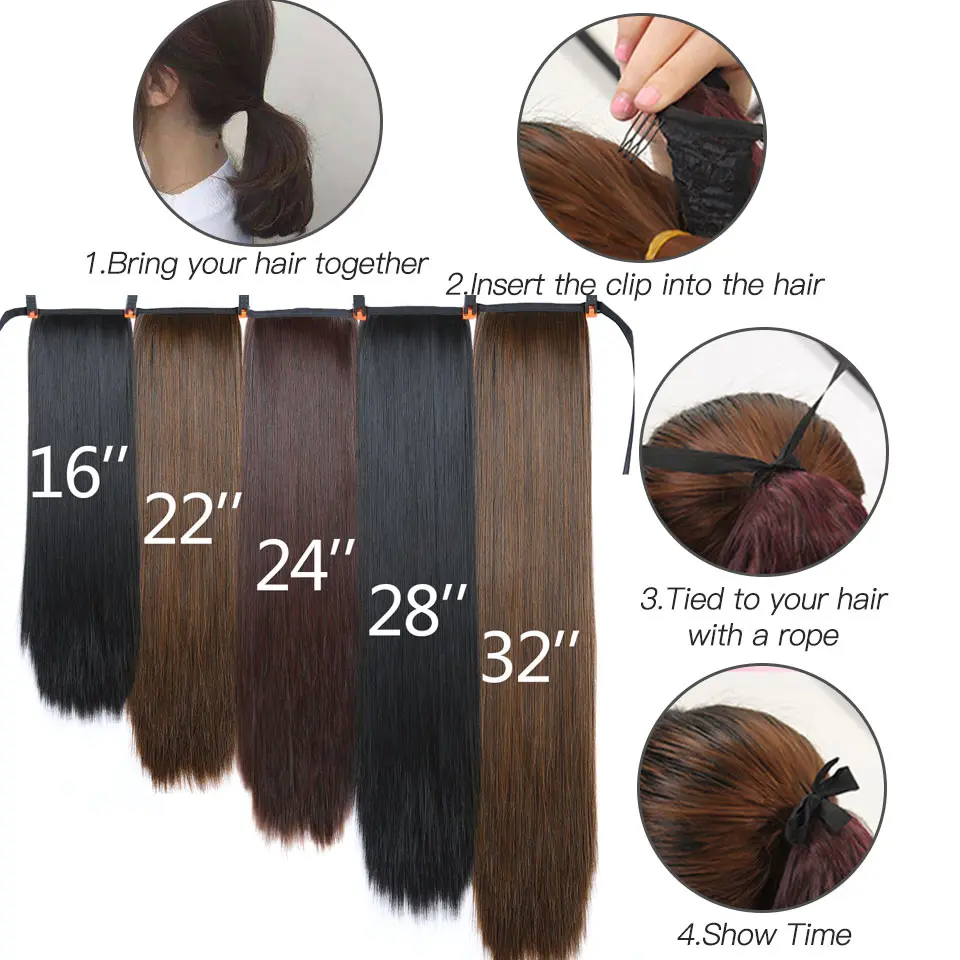 Straight Long Ponytail Extensions 22inch Natural Black Wrap Around Synthetic Hair Piece Pony Tail Hair Hairpieces for Women Girl - view 2