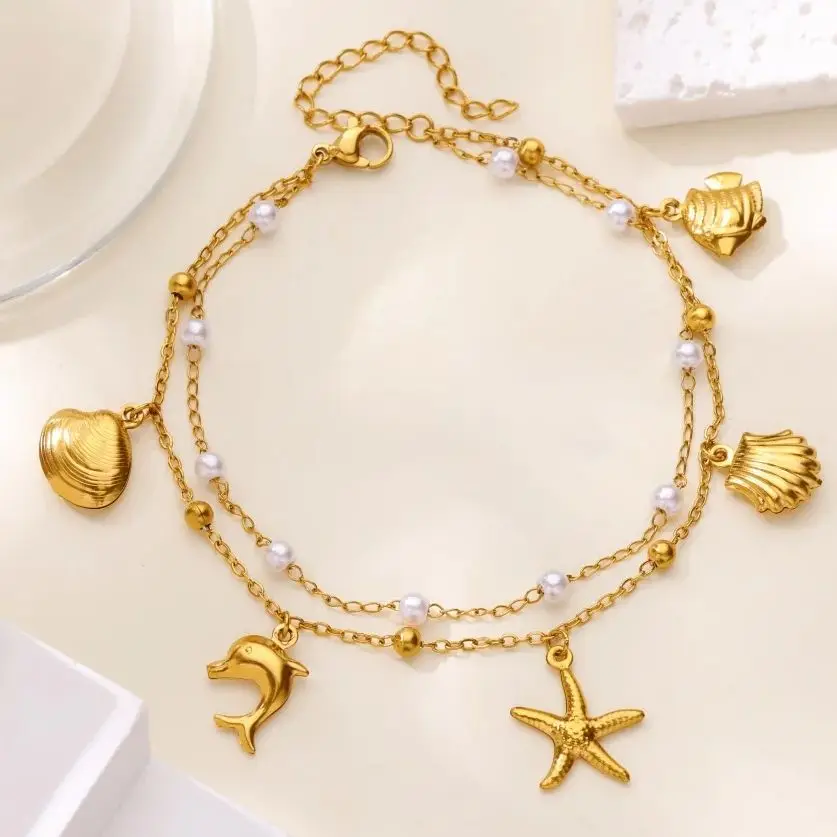 Starfish Shell Anklet For Women Gold Color Stainless Steel Pearls Shell Anklet Vintage Summer Vacation Christmas Jewelry Gift