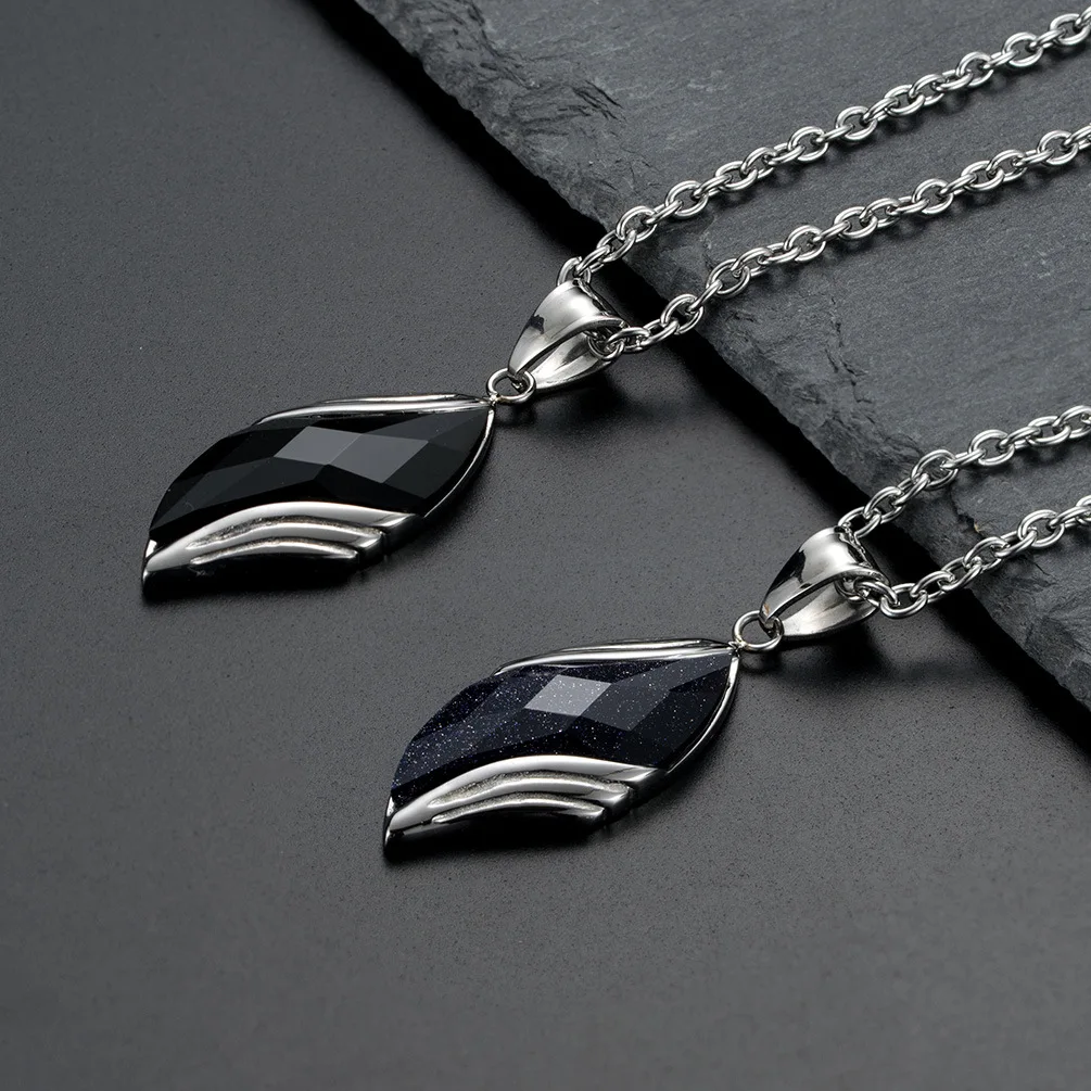 Fashion Trendy Jewelry Blue Sandstone Leaf Design Pendant O-Chain Stainless Steel Necklaces for Men