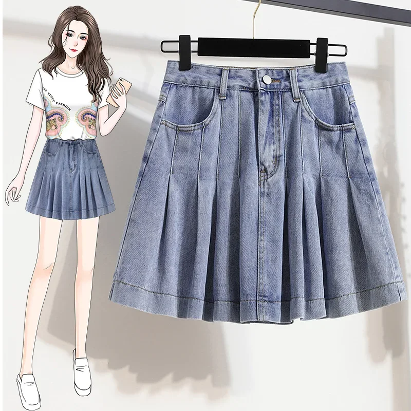 Plus Size Summer 2023 New Short Denim Skirt High-Waisted Plus Size Umbrella Skirt Slimming Cake Skirt Mid-Skirt Water-Washable