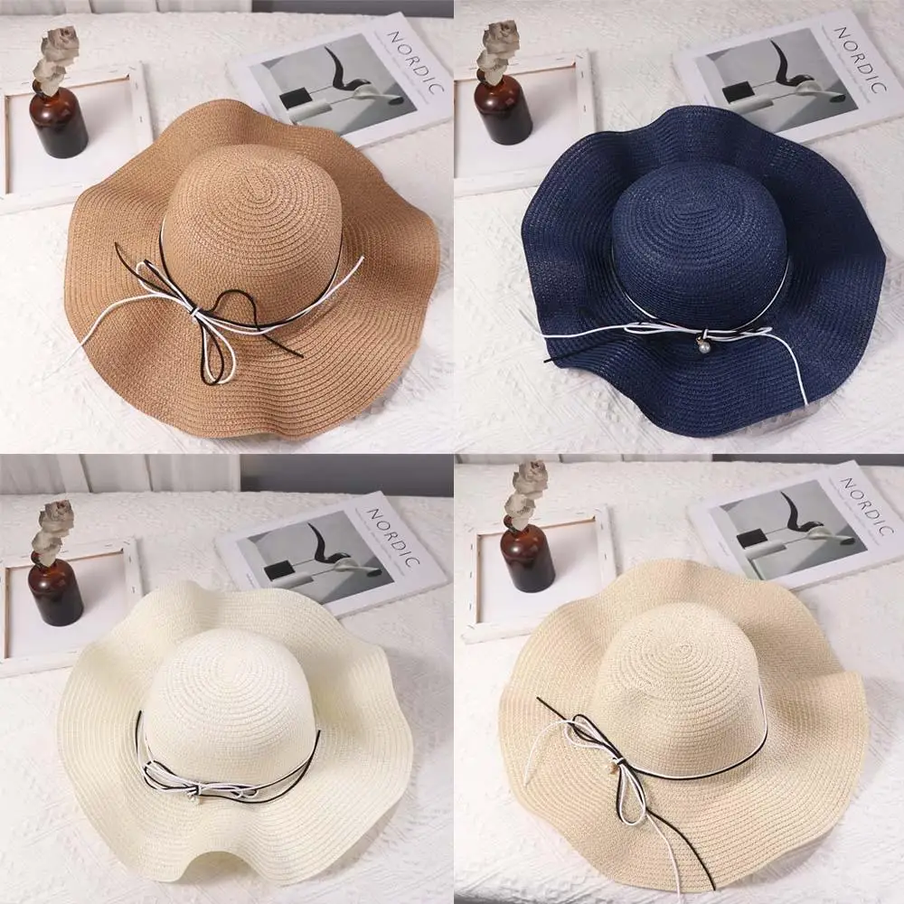 Ins French Style Pearls Strap Straw Hat Spring Summer Beach Folding Straw Hats Wide Brim Travel Women's Sun Hat Female