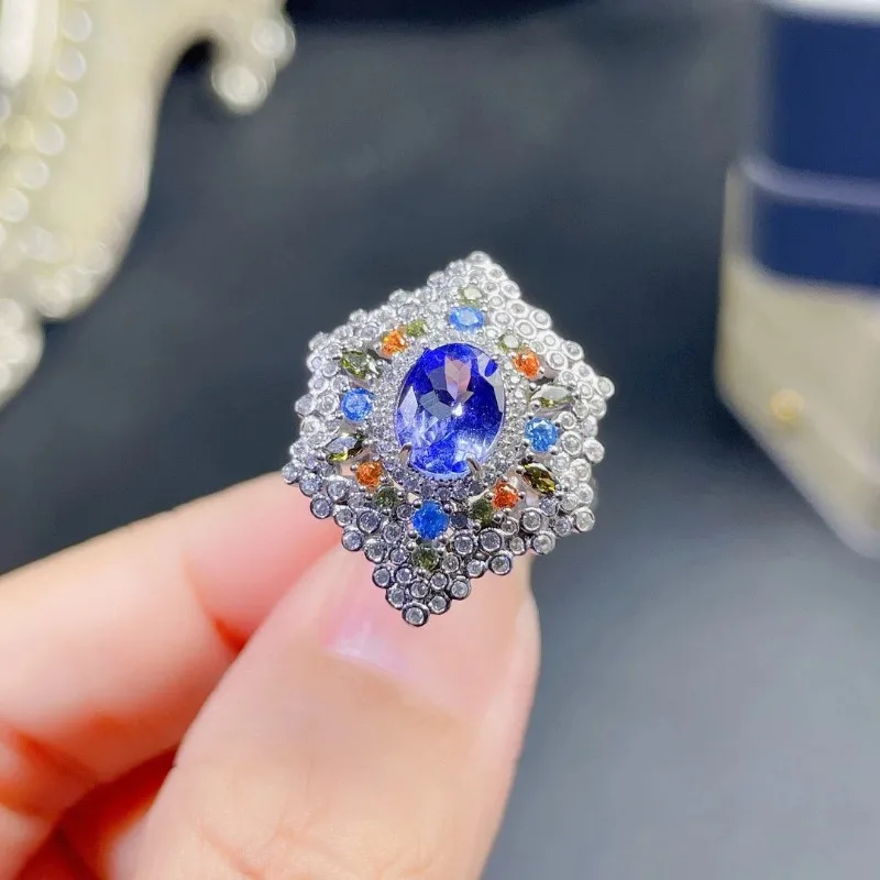 925 Silver New Light Luxury Imitation Natural Tanzanite Ring Female Micro-encrusted Diamond-plated 18k Gold Open Treasure Ring