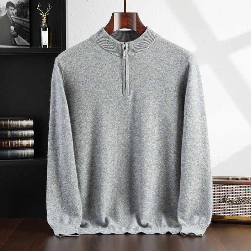 Autumn and Winter New Collection (100% Cashmere) Men's Casual Half Zipper Half High Collar Solid Color Casual Sweater for Men