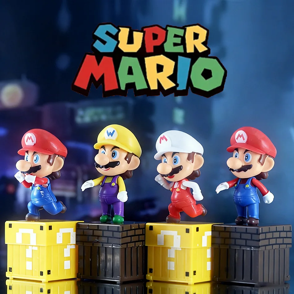

Набор из 4 фигурок персонажей Super Mario: Wario, Fire Mario, Lucky Box. Игровые персонажи из ПВХ для декора торта, игрушки, модель, подарок.