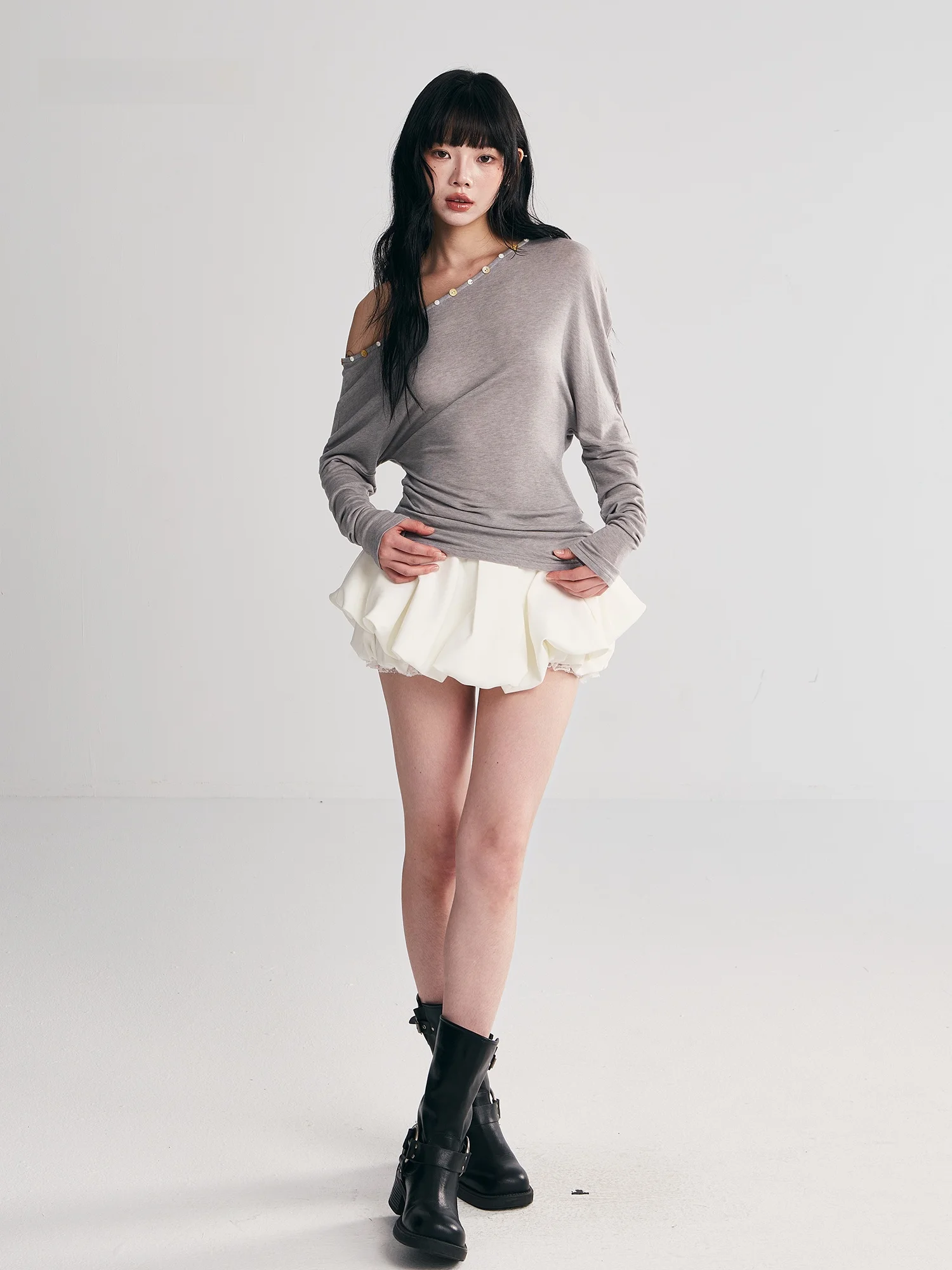 

Andasaya Slim Fit Long Sve Knitted T-irt oulder Design Thin Oats ey Commute Sle Women's Faion Cotton Blend Wool ...