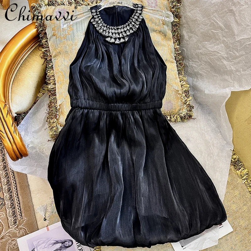 

2024 Autumn New Fashion Sexy Girl's Halter Mini Dress French Heavy Industry Beads Sleeveless Elegant Short Party Dresses Women