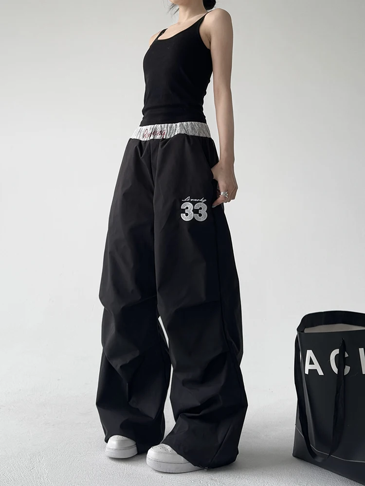 American Retro Wide Leg Casual Pants Women Loose Slimming Simple Match Autumn New Lace Splicing Sports Long Pants