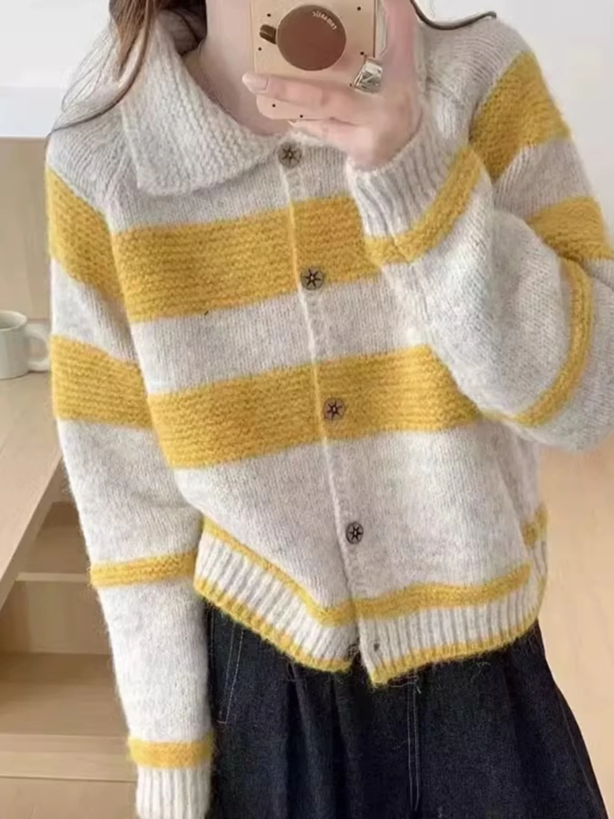 

Retro Korean Sle Striped Loose Knit Sweater Coat for Women Autumn Winter Button up Long Sve Casual Sle Small Size