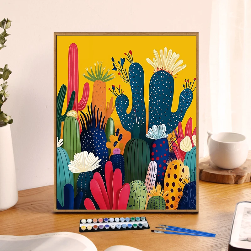 Painting By Numbers Bright Cactus Anniversary gift on Digital Painting Canvas Acrylic Paint Image Digital Coloring