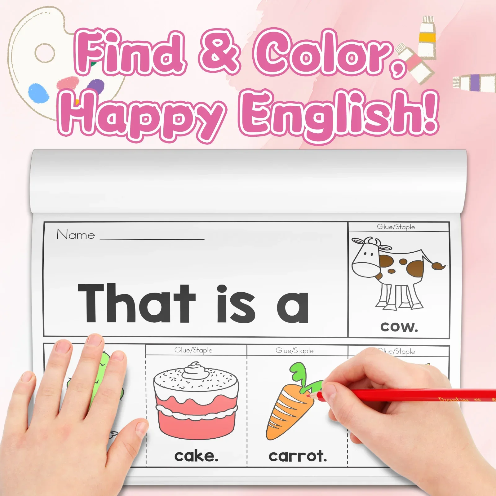 Kids English Word Coloring Workbook, Cute Cartoon Designs, Preschool Educational Activity Book for Fun English Learning view 3