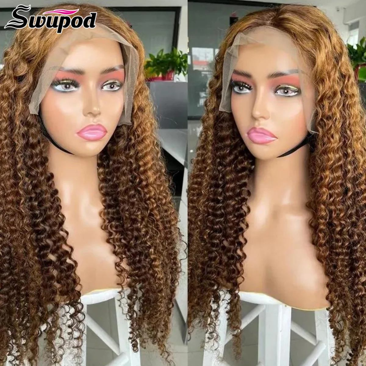 

Swupod 13x4 13x6 HD Парик фронта шнурка для женщин Kinky Curly Deep Wave Remy Human Hair P4/27 Ombre Blonde Brown Highlight Glueless