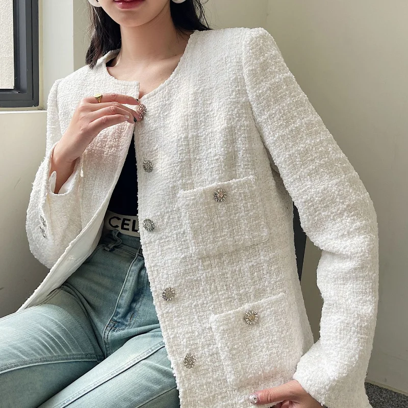 Bianco francese classico piccolo cappotto di Tweed profumato donna di alta qualità moda lusso Basic Chic Plaid Casual Lady Jacket primavera