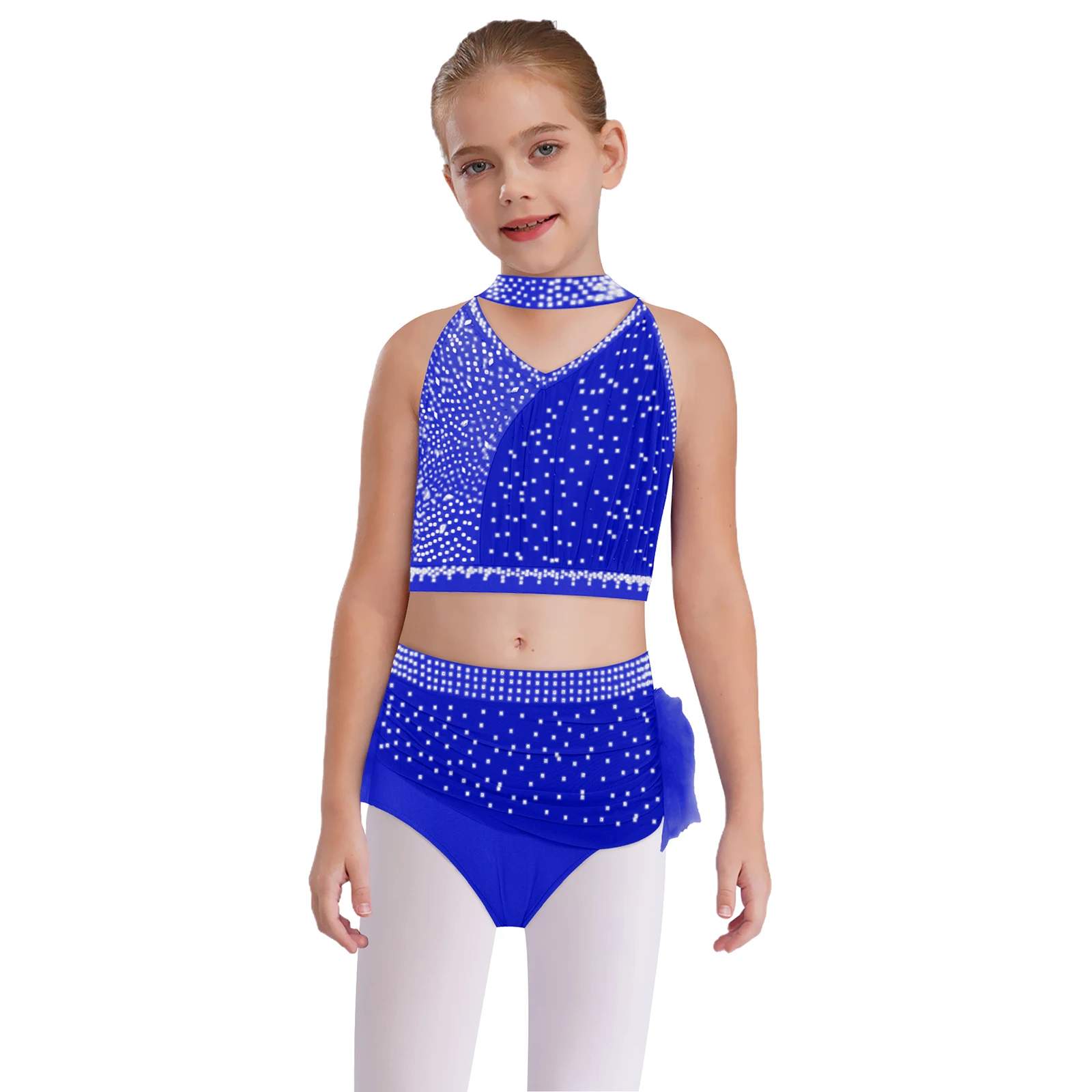 

Kids Girls Ballet Lyrical Sets Performance Costume Cross Back Rhinestones Crop Top with Feather Briefs Skirt Skating Dancewear