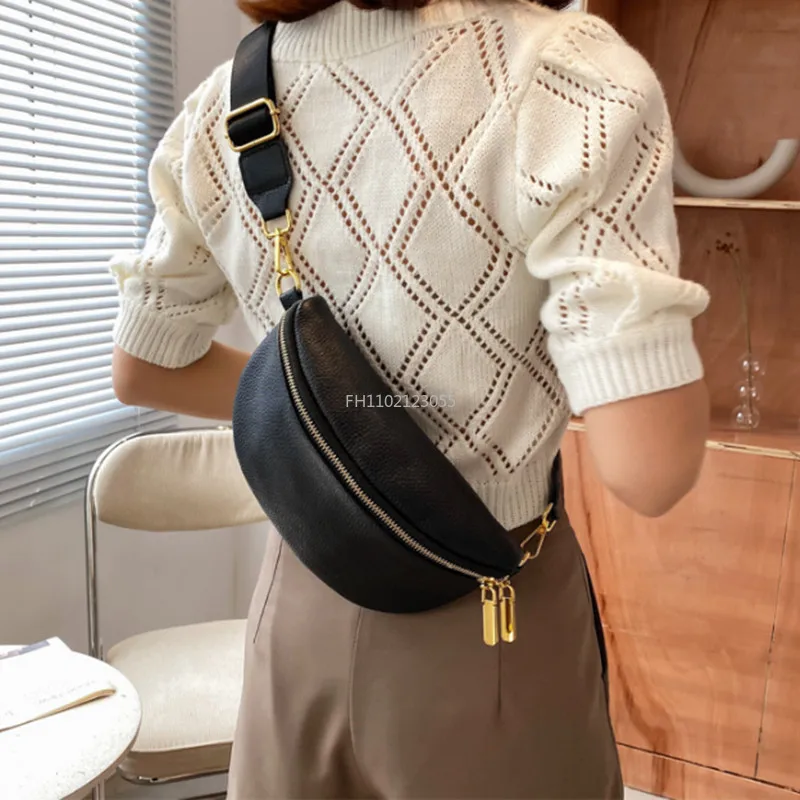 

Vintage Fanny Pack Luxury Woman Banana Waist Bag Wide Shoulder Strap Crossbody Chest Bag Soft Leather Designer Sac Banane Femme