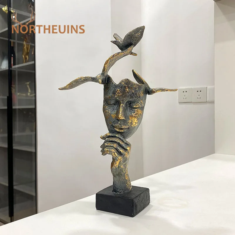 NORTHEUINS Resin Retro Golden Mask Figurines Abstract Art Bird Figure Statue Home Living Room Office Desktop Decoration Objects