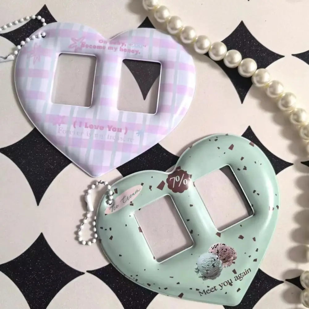 Love Heart Photocard Holder Creative 1 inch 2 Slots Card Holder Idol Photo Protective Cover INS Bag Pendant with Keychain